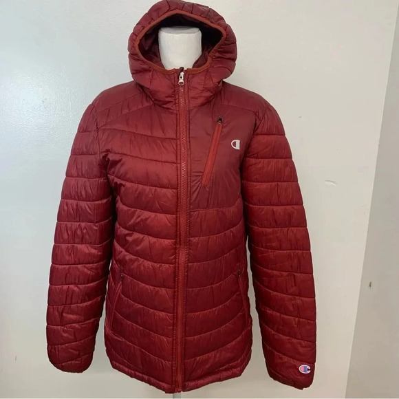 Champion‎ Woman Puffer Jacket Small Maroon Packable Full Zip Pockets - Picture 1 of 15